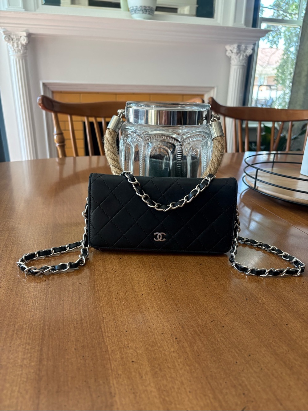 Chanel Quilted Black Leather with Siler Hardware Wallet with Added Chain